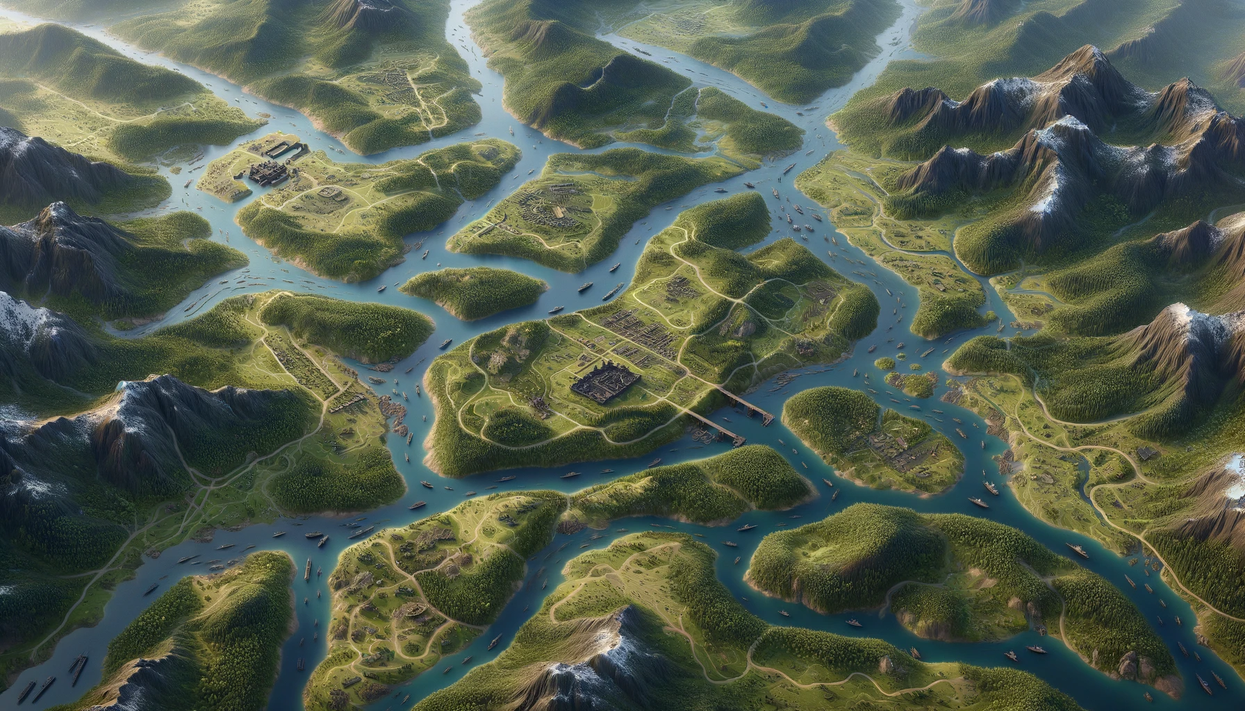 a virtual battlefield from a top-down perspective, showcasing diverse terrains like forests, rivers, and mountains. 